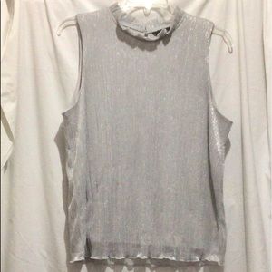 ADIVA Sparkly Silver No Sleeves Top, Ruffled Collar Size XL Please chk All Pics